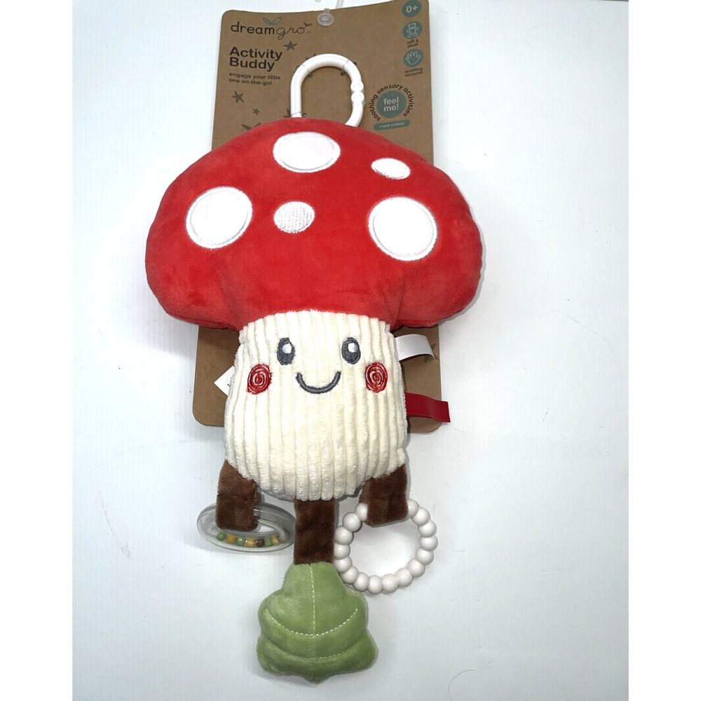 Dream Gro Activity Buddy Mushroom Rattle Crinkle Squeaker 10" Plush Stroller Toy